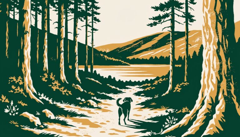 Illustrazione in stile manifesto d'epoca: un cane su un sentiero fra i pini, verso il lago