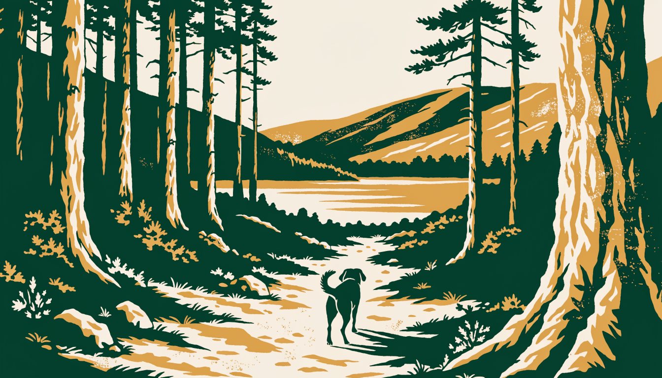 Illustrazione in stile manifesto d'epoca: un cane su un sentiero fra i pini, verso il lago