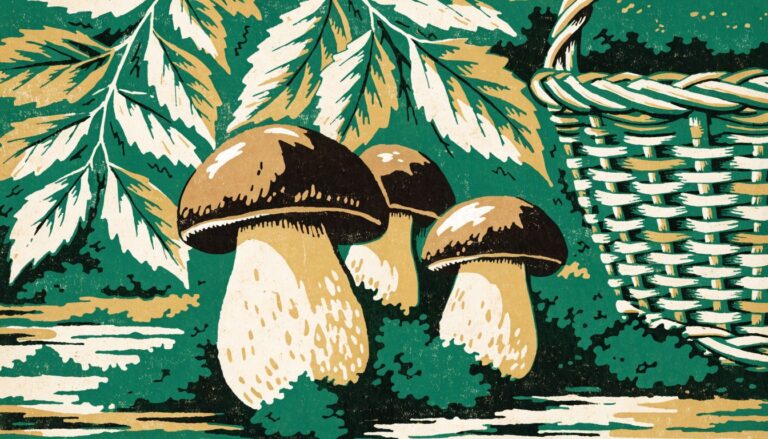 Illustrazione in stile linoleografia: porcini nel sottobosco di faggeta con cestino di vimini
