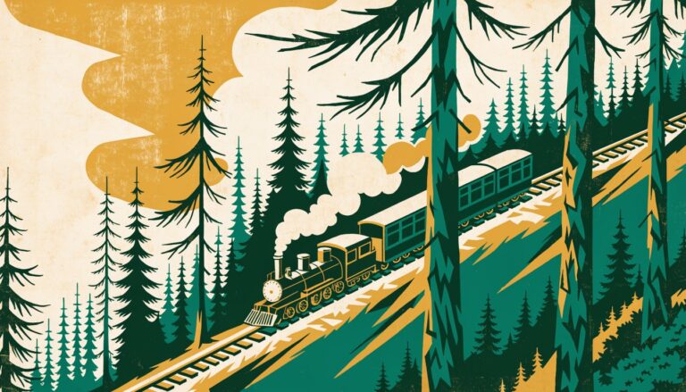 Illustrazione in stile manifesto ferroviario d'epoca: il treno a vapore che sale fra i pini della Sila