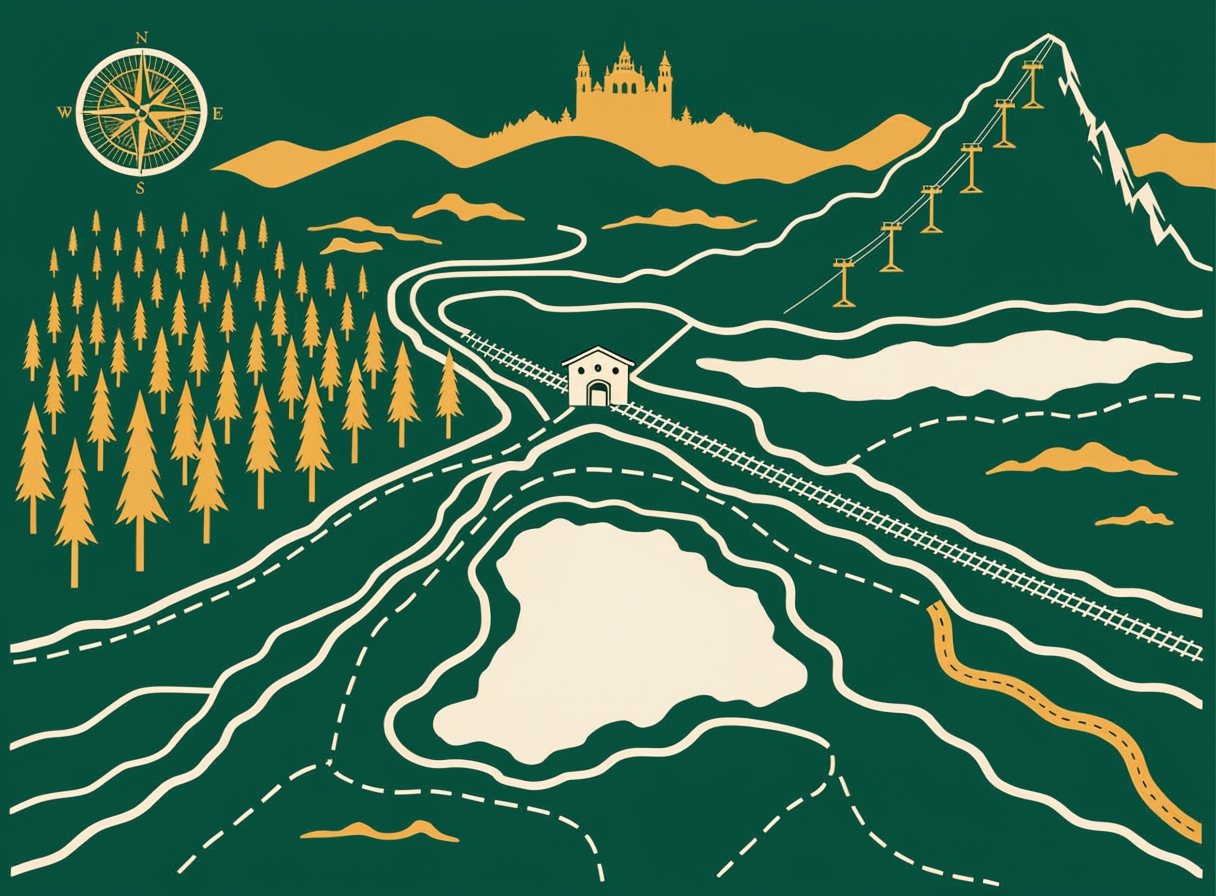 Mappa illustrata del territorio: la stazione, i laghi, i Giganti della Sila, gli impianti e l'abbazia